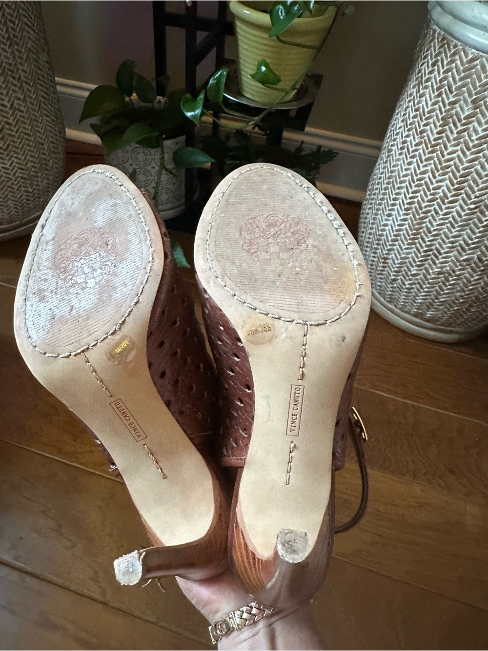 Vince Camuto Brown Perforated Leather Peep-Toe Ankle Strap Heels - Picture 6 of 9